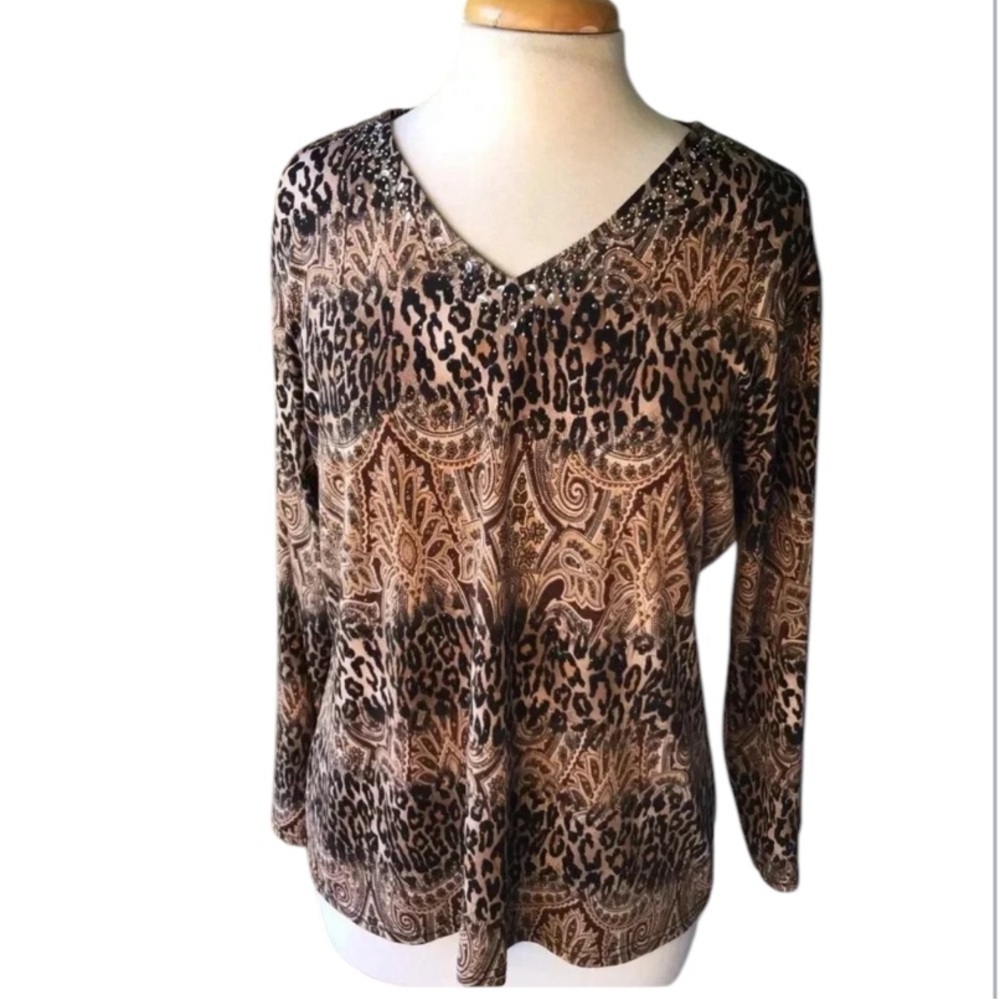 Damee Inc embellished knit top animal print 3/4 sleeves Size xl - Picture 3 of 10